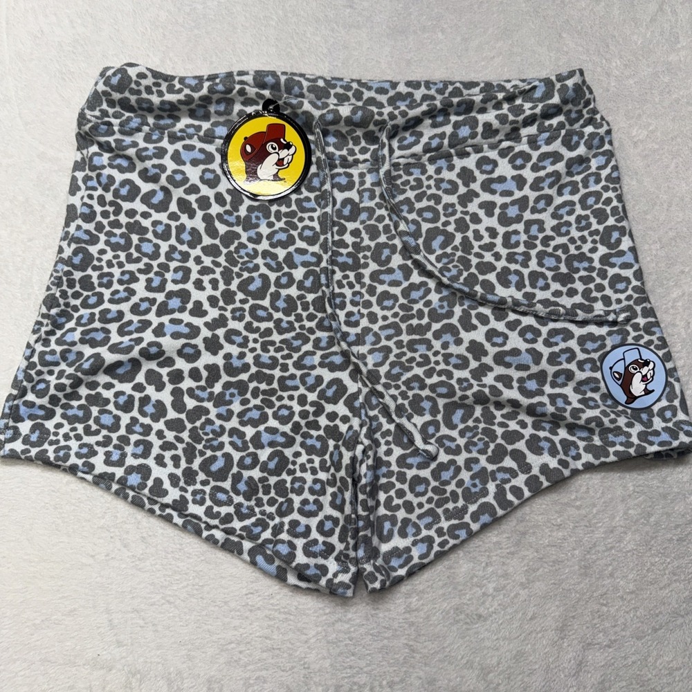 Buc-ees Woman's SMALL Fleece Shorts Lt Blue / Leopard Print - FREE SHIPPING  NWT